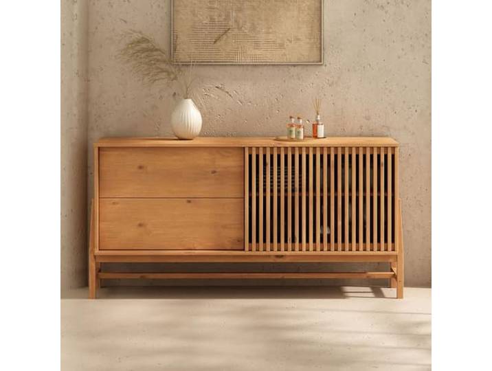 IDIMEX Sideboard Adamo 145 cm aus Massivholz, Eiche Finish - Kommode mit markanter Lamellenschiebetür, Wohnzimmer Möbel mit 2 Schubladen, Anrichte mit verstellbarem Einlegeboden