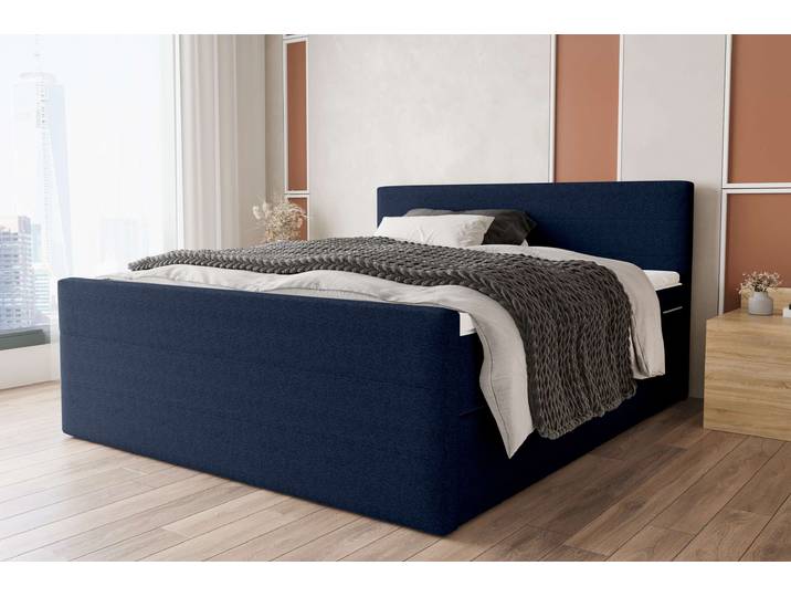 Boxspringbett, Webstoff MALMO_NEW, Dunkelblau, 200×200 cm, Taschen-Federung, Modern