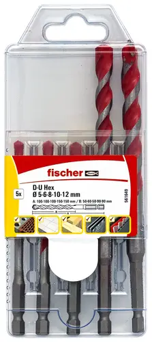 Fischer 561649 D-U Hex Set 5-12mm 5teilig Universal-Bohrersortiment Metall, Stein, Beton, Holz, Mauerwerk 5 mm, 6 mm, 8 mm, 10 mm