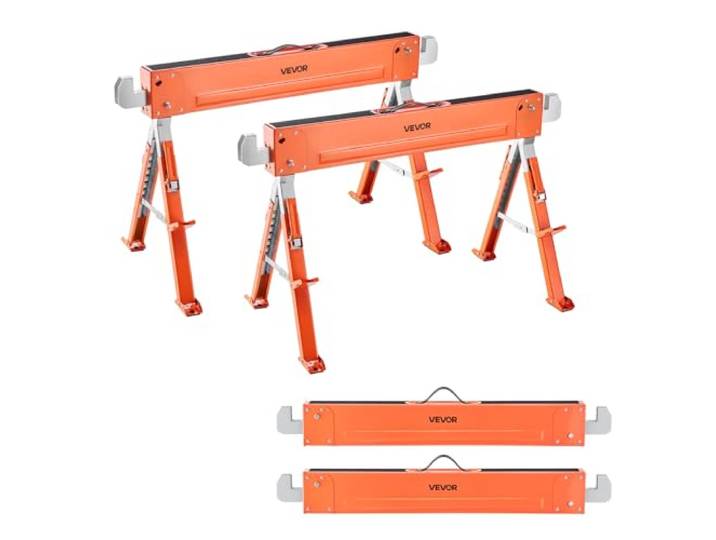 VEVOR Chevalet de Sciage\, Lot de 2\, Tréteau de Sciage Pliable\, Capacité de Charge 816\,5 kg\, Hauteur Réglable\, Pieds Robustes\, Patins Antidérapants\, Outil pour Menuiserie\, Menuisiers\, Bricoleurs Bois