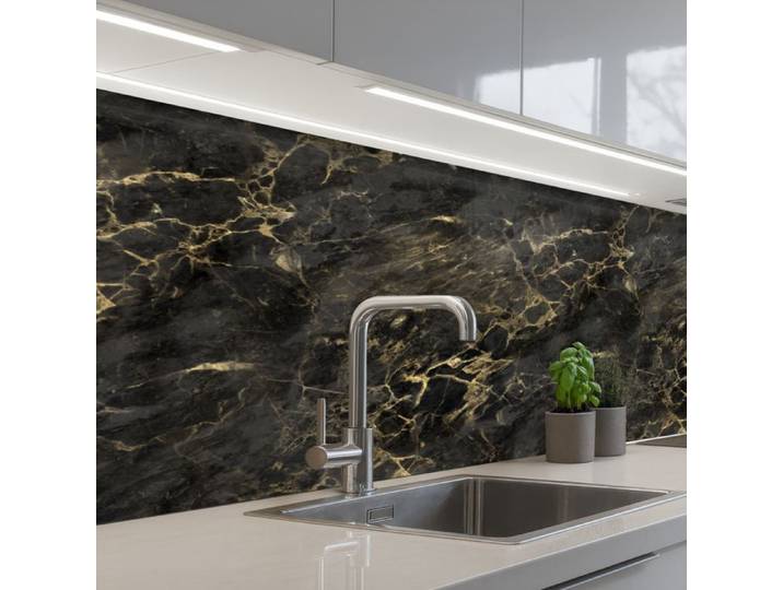 Crédence Décorative de Cuisine - Décoration Murale - Motif Noir - Marbre - Or - Nerf 150x60 cm - KitchenYeah