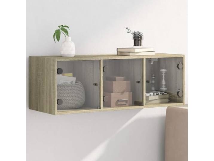 HPUYRFG Wandschrank mit Glastüren Sonoma-Eiche 102x37x35 cm Holzwerkstoff, feuchtigkeitsbeständig, mehrere Fächer, Wandmontage, Glastüren, elegantes Design