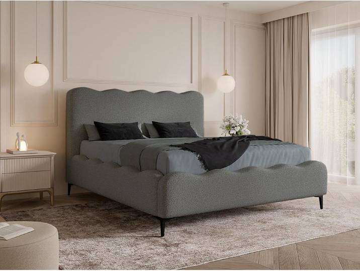 Compleo Polsterbett mit hohen Füßen, Designerbett, Bouclé-Stoff, Luxus Schlafzimmer, gepolstertes Doppelbett