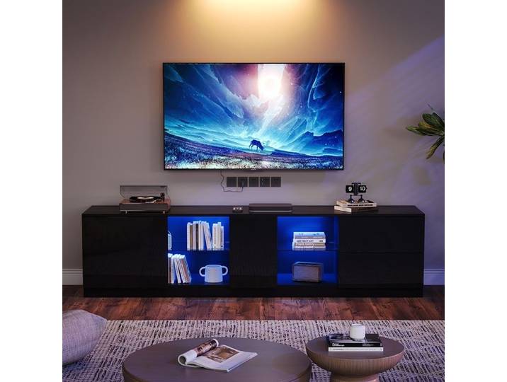 Meuble TV - DREAMMESPACE - 160x40x52 cm - Éclairage LED - Noir - Brillant