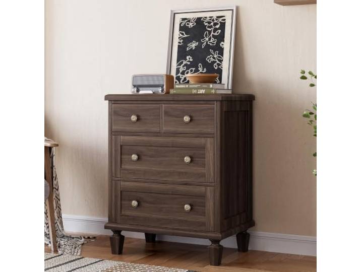 IDEALHOUSE Vintage Kommode mit 4 Schubladen, Holz-Schubladenschrank mit 2 kleinen & 2 großen Schubladen, Geschnitzte Griffe & konische Beine, Dunkelbraun