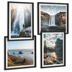 BILDER SET 4er Set - 50x50 cm & 40x60 cm Schwarzer Rahmen - Wasserfälle, Berge, Landschaften, Natur