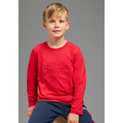 Langarmshirt SCOUT "SCOUT Prägedruck, Logoprint", Jungen, Gr. 104/110, rot, Single Jersey, Obermaterial: 100% Baumwolle, bedruckt, unifarben, bequem hüftlang, Rundhals, Shirts Langarmshirt, Shirt mit coolem SCOUT 3D-Druck