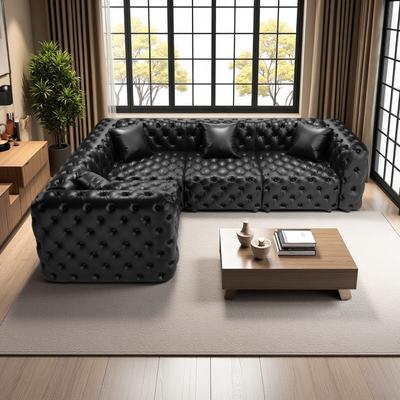 ZWYO HOSIMU "103.8"" Faux Leather Modular 4-Seater Sectional Sofa with Button Tufted Design for Living Room"