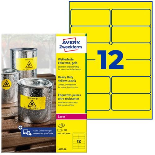 AVERY Zweckform 240 wetterfeste Folienetiketten L6107-20 gelb 99,1 x 42,3 mm