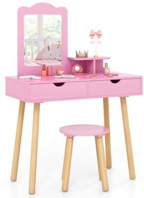 Costway Kid Vanity Table Chair Set with Mirror and 2 Large Storage Drawers-Pink