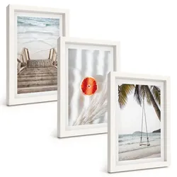 BILDER SET 3er Set - 20x30 cm Weißer Rahmen - Strandtreppe aus Holz, Urlaub