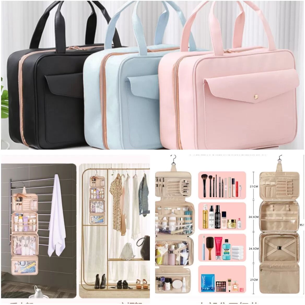 INF Faltbare Hänge-Reise-Kosmetiktasche - Kleine, wasserdichte Kosmetik-Organizer mit großem Fassungsvermögen Blau