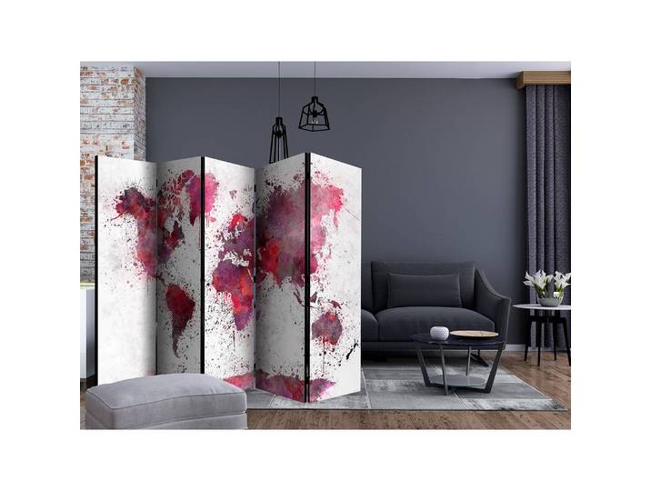 Paravent World Map Watercolors II Intissé en pin massif, naturel Rouge 225 x 172cm