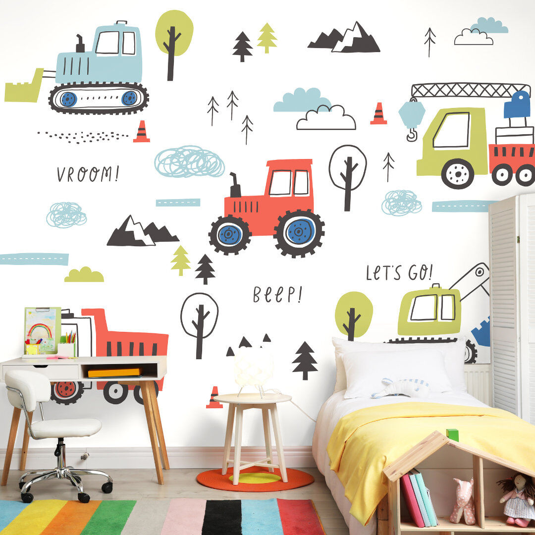 Isabelle & Max Tractors And Diggers - Wall Mural Red 240cm L x 300cm W