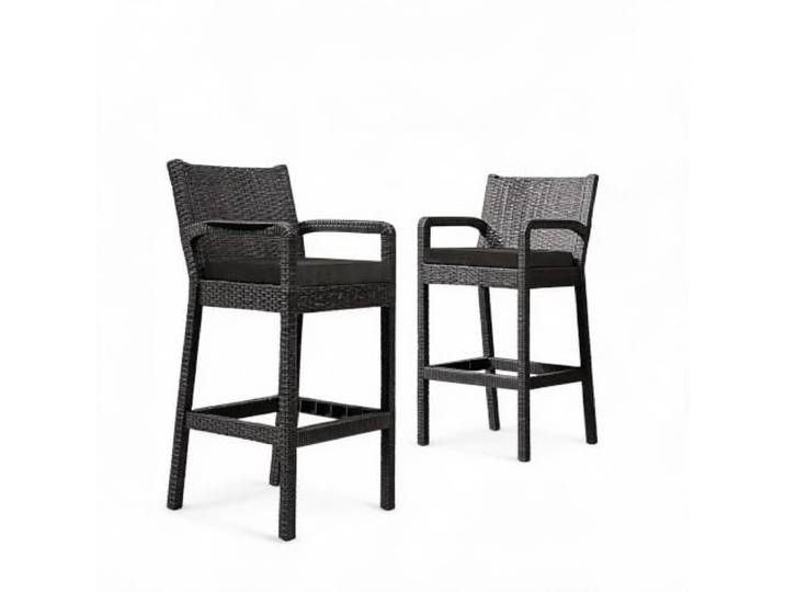 IDEALHOUSE 2er Set Barhocker für Garten aus wetterfestem Polyrattan – 76 cm hohe Stühle mit Armlehnen, Rückenlehne & Kissen, robuster Metallrahmen, geeignet für Terrasse, Balkon, Pool, Garten, Schwarz