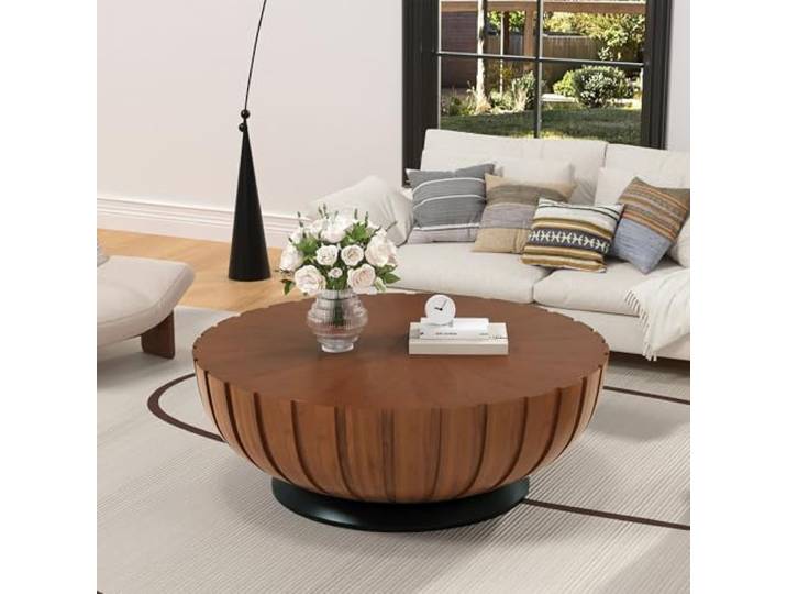 Runder Couchtisch Trommelform 90cm, Mid-Century Modern Wohnzimmertisch geriffeltem Holzfurnier & Massivholzrahmen,Braun