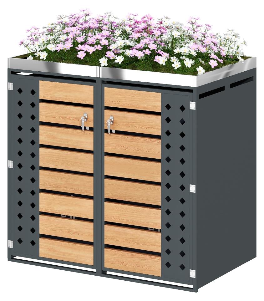 Müllbehälter für den Außenbereich, abschließbar - mit Pflanzkasten im Deckel - aus Metall und Holz - modernes Gartenmöbel - für Gärten