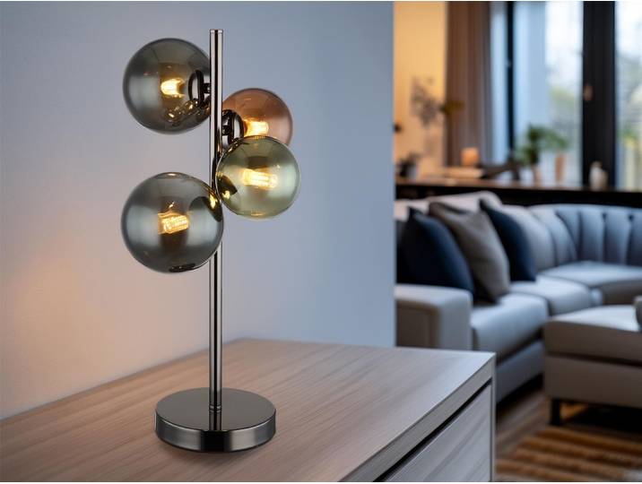 Globo Lighting Tischleuchte Metall grau matt, Glaskugeln, Kabel PVC schwarz, Wippschalter am Kabel, Glasfarben: bronze, grün, petrol, LxBxH: 237x193x480mm, Kabellänge 1500mm, Glas-DM: 2 x 10 cm, 2 x 12 cm, inkl. 4x G9 LED 3.5W 230V, 350lm Source, 290lm Output, 3000K