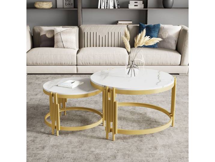 Table Basse Gigogne - TANANT - Marbre Blanc - Cadre Métal Doré - Style Scandinave - Ronde