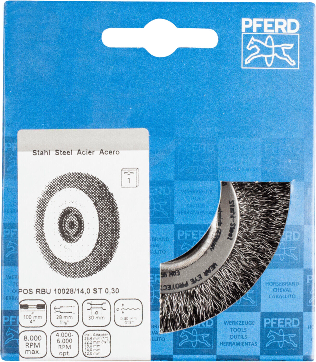 PFERD TOOLS POS Rundbürste breit ungezopft RBU Ø100x28xvariable Bohrung Stahl-Draht-Ø0,30 Schleifbock (43701109)