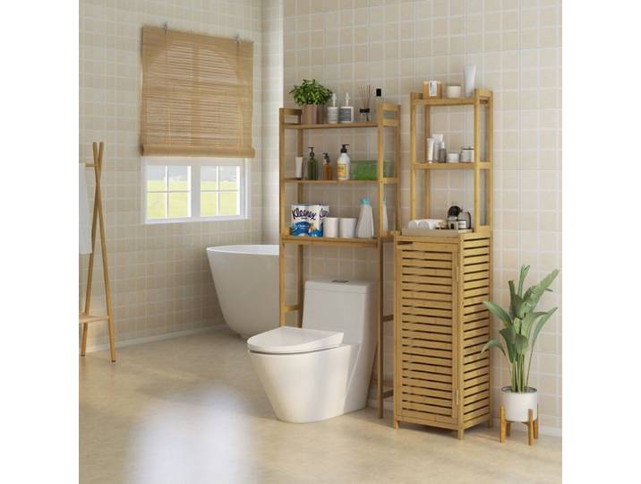 Colonne WC 3 niveaux IVMEU en bambou naturel meuble de rangement au-dessus des toilettes anti-basculement