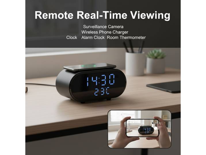 Caméra WiFi 5 en 1 avec 4K UHD, chargeur de téléphone sans fil, horloge, alarme et thermomètre d'ambiance Visionnage à distance en temps réel via l'application