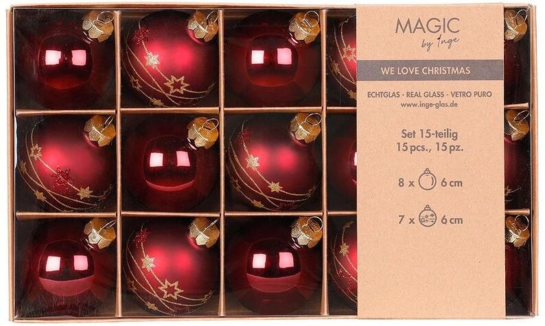Weihnachtsbaumkugel "INGES CHRISTMAS DECOR 6 cm 15 Stück", rot (dunkelrot), Glas, Weihnachtsbaumkugeln, Weihnachtsbaumkugel dunkelrot Einheitsgröße