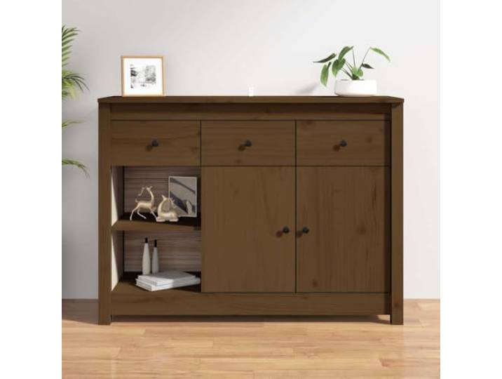 RJPLMFV Anrichte aus massivem Kiefernholz, 100 x 35 x 74 cm, honigbraun 3 Schubladen, 6 Fächer, vielseitige Aufbewahrung, Wandbefestigung inklusive, seitliche Möbel