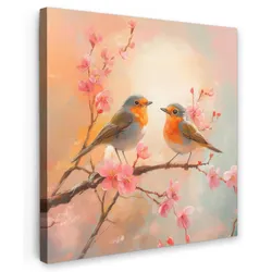 LEINWANDBILD Rotkehlchen - Zierpflanze - Blütenzweig Deko Wohnzimmer 20x20 cm