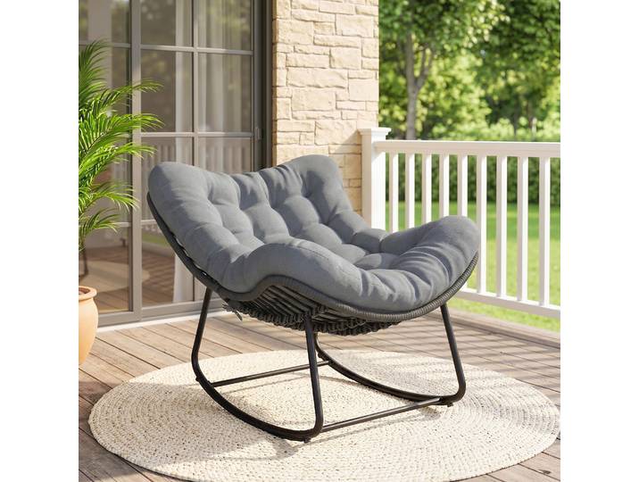 Outsunny Chaise à Bascule Rotin Jardin Coussin Gris Foncé