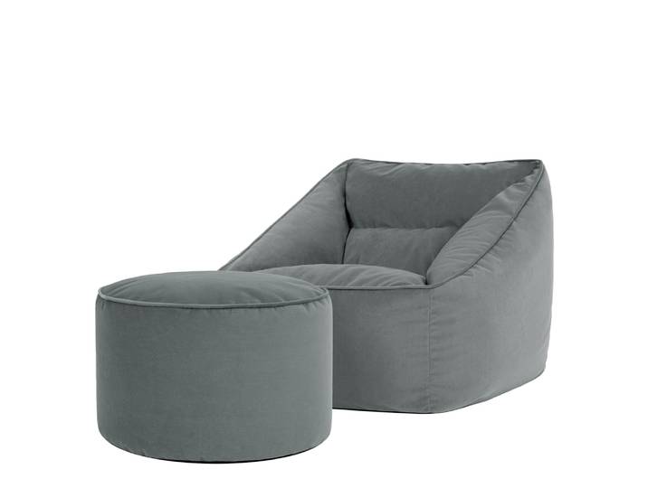 Pouf fauteuil avec repose-pied rond velours gris anthracite