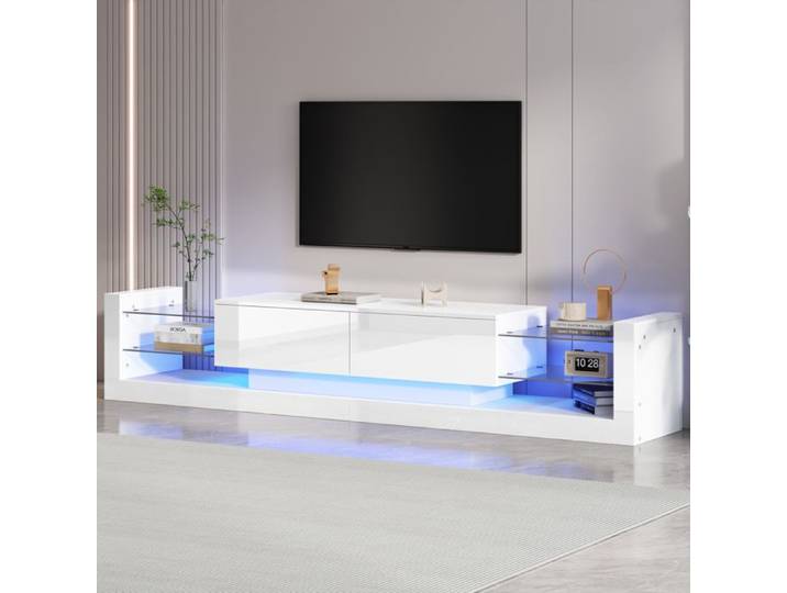 Meuble TV - ZEVKOR - TV-Schrank LED Hochglanz - 181x38x38 cm - Façade en verre - 2 tiroirs rabattables