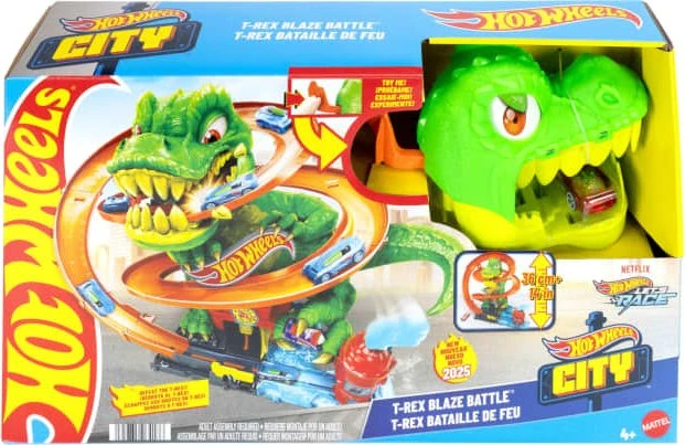 Hot Wheels City T-Rex greift eine Feuerwache und ein Auto an