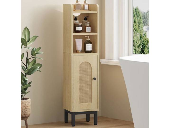 Meuble salle de bain porte cintrée étagère réglable 20 x 20 x 83 cm MDF pieds dorés idéal espace restreint