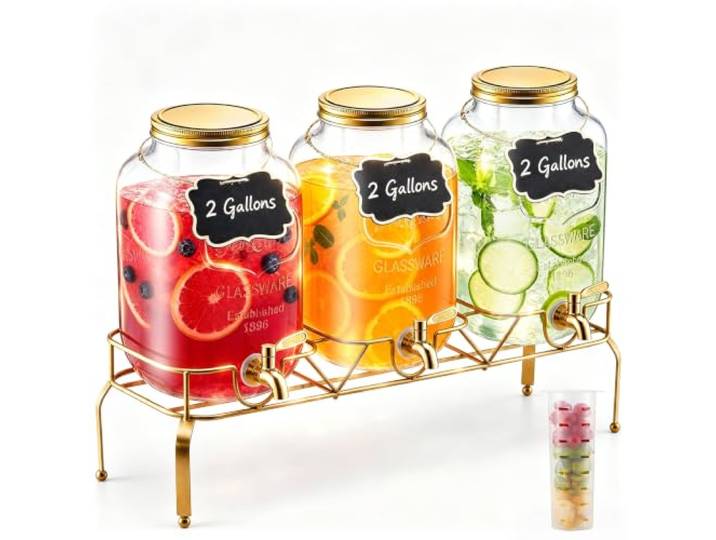 VEVOR Getränkespender (3 x 8 L) für Partys Saftspender (aus Glas) mit tropfsicherem Zapfhahn & Metallständer Wasserspender für Restaurants Partys, Limonade Eistee selbstgemachte Getränke Spender