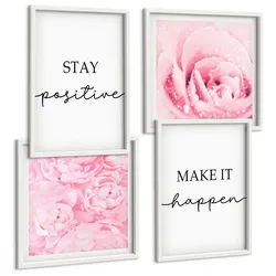 BILDER SET 4er Set - 50x50 cm & 40x60 cm Weißer Rahmen - Minimalistische rosa Blüten
