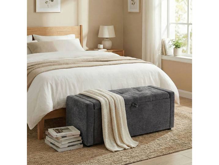 HOMCOM Banc Rangement Lin Gris Foncé 122x48x44cm Assise Large