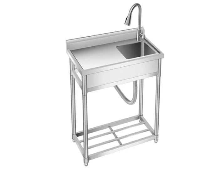 Garvee Freistehende Edelstahl Spültisch 1 Becken 76 x 41 x 102 cm mit Abtropffläche und herausziehbarem Wasserhahn, Gewerbliche Küchenspüle Gastro Spülbecken, für Küche, Restaurant, Bar