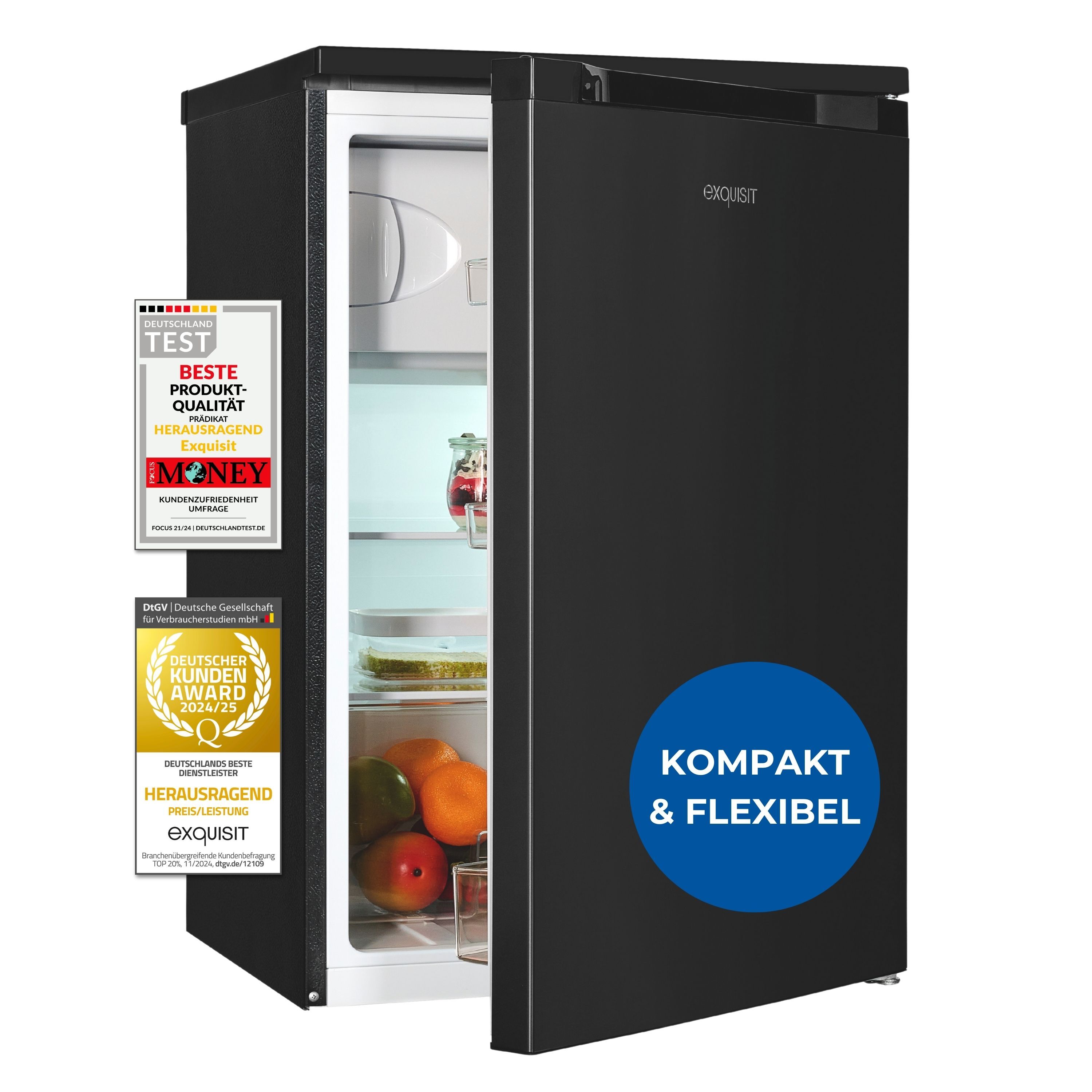 Exquisit Kühlschrank mit Gefrierfach, 4-Sterne-Gefrieren, 2 Glasablagen, 107l Nutzinhalt, Innenbeleuchtung, 37 Dezibel, KS515-4-051C inoxlook-az