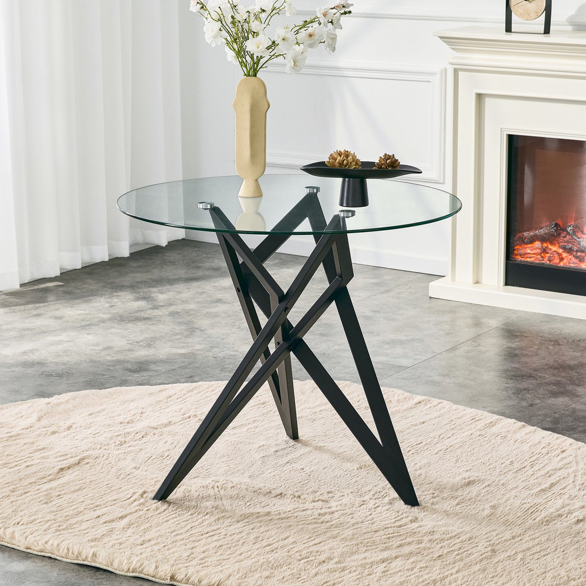 STILVORA Salontafel - Ronde Glazen Tafel met Geometrisch Onderstel - Zwart - Diameter: 85 cm