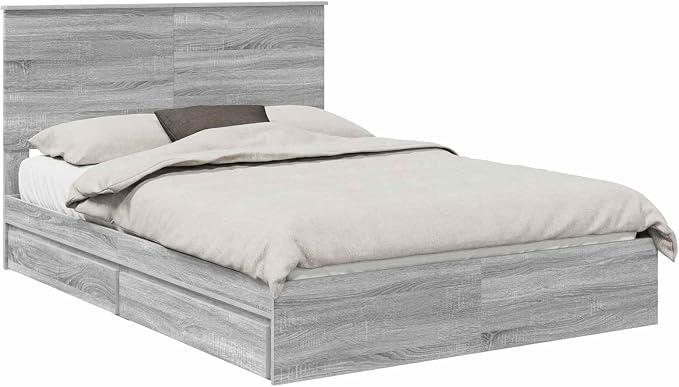 160x200cm Engineered Wood Storage Bed with Drawers, Sonoma Gray | Includes a supportive slatted frame and built-in underbed storage, suitable for adult or youth bedrooms.