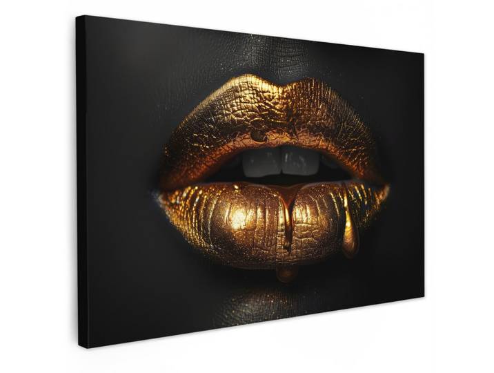 LEINWANDBILD Frau - Porträt - Lippen - Gold - Schwarz Gemälde 60x40 cm