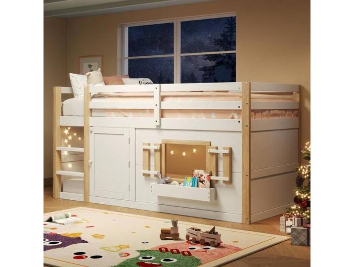 Lit superposé 90x200 cm avec porte Lit enfant multifonctionnel avec échelle Pouvant être transformé en aire de jeux Blanc