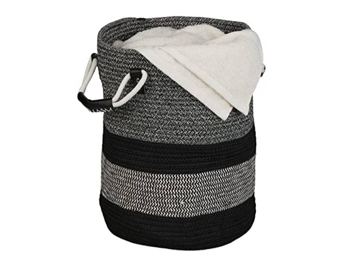 Relaxdays Panier de rangement\, coton\, HxLxP : 40x43x33 cm\, corbeille à linge pliable\, poignées\, bohème\, anthracite/noir