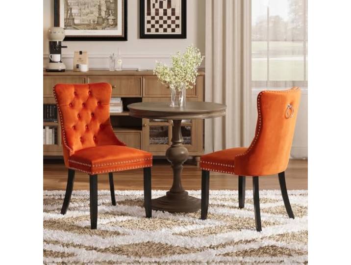 SoarTalent 2er Set Esszimmerstühle Samt gepolstert Nagelkopf, Orange Samt gepolstert, Nagelkopfbesatz, Massivholzbeinen, Metall-Ziehring, für Esszimmer & Wohnzimmer