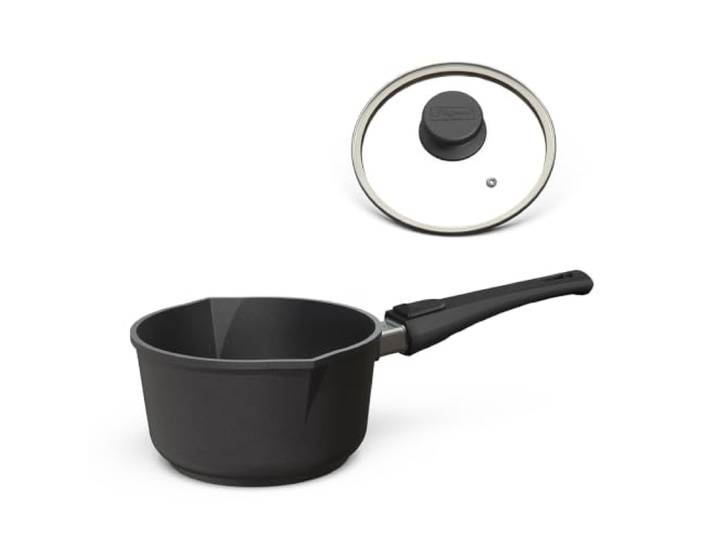 Hoffmann Kasserolle mit Stiel, Ausguß und Deckel Ø 18 cm I Milchtopf Antihaft beschichtet I Stielkasserolle Induktion I Induktionsherd I Glasdeckel I Aluguss Milchpfanne für Herd Induktionsgeeignet