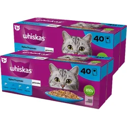 WHISKAS Adult Sachets 2x(40 x 85 g) Fishy Treats - Nassfutter für ausgewachsene Katzen in Gelee (Stücke mit: Lachs, Thunfisch, Kabeljau, Weißfisch)