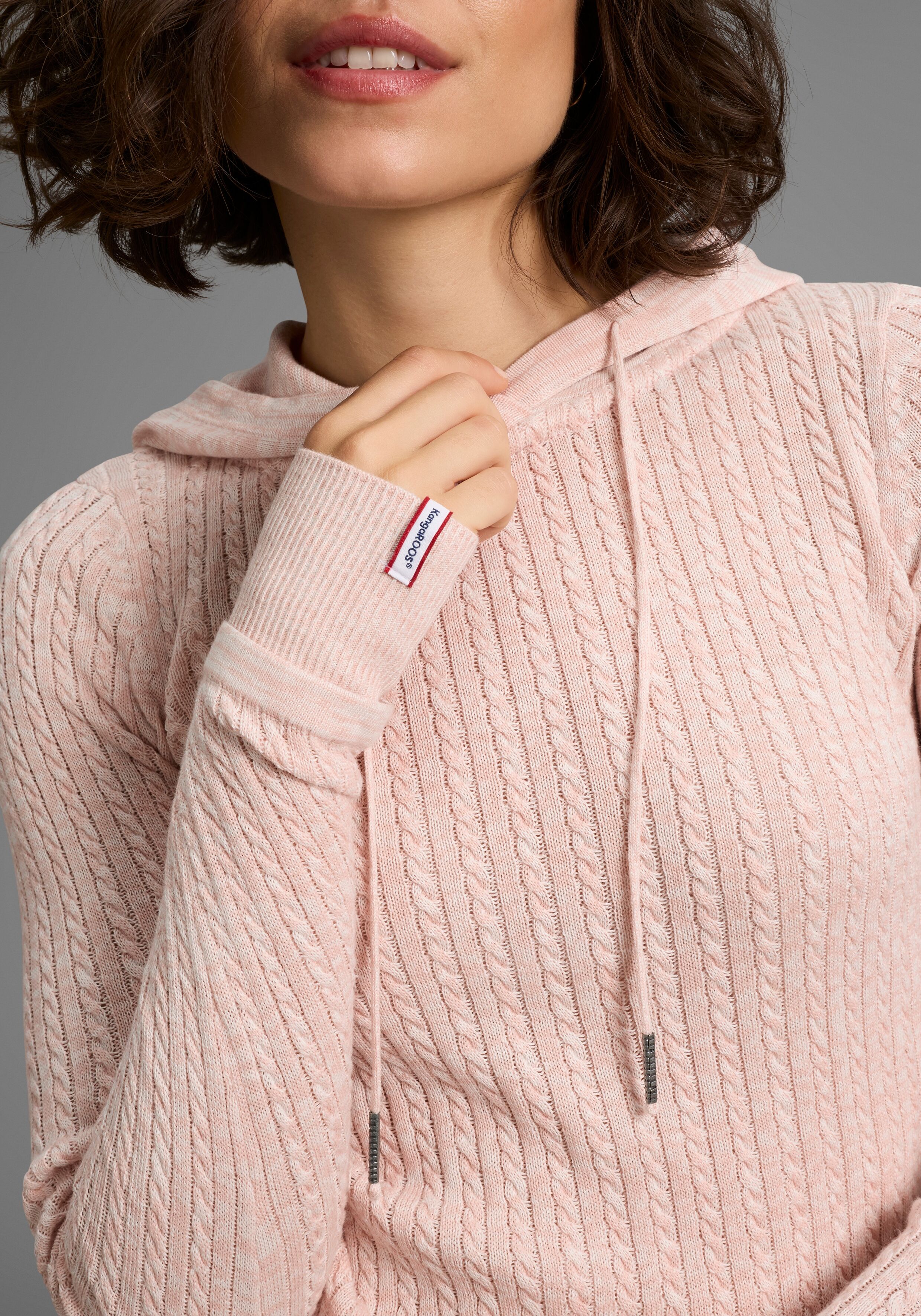 Kapuzenpullover KANGAROOS, Damen, Gr. 52/54, weiss (rosa, weiß, meliert), Rippstrick, Obermaterial: 50% Baumwolle, 50% Polyacryl, kontrastfarbene Details, meliert, figurbetont hüftbedeckend, Rippbündchen mit Daumenlöchern, Pullover Kapuzenpullover, im fei