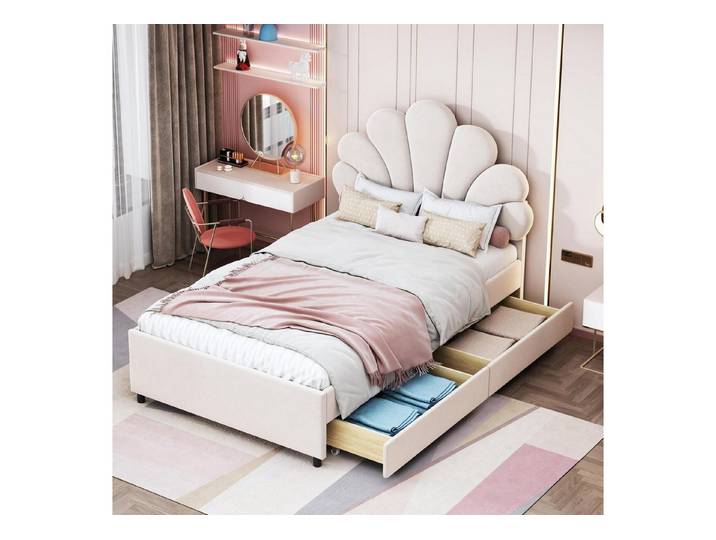 LuxusKollektion Kinderbett Polsterbett Kinderbett 90x200 beige Samt mit 2 Schubladen