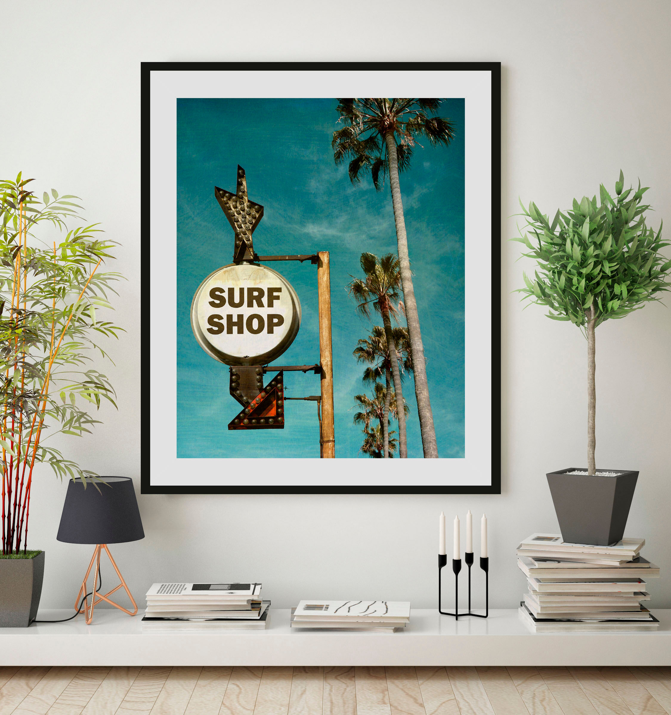 Bild QUEENCE "SURF SHOP", blau (farbe rahmen: schwarz, farbe bild(er): blau), B:30cm H:40cm, Acrylglas, Holz, Papier, Bilder, Bild, HD Premium Poster-Druck inkl. Holzrahmen farbe rahmen: schwarz, farbe bild(er): blau B/H/T: 30cm x 40cm, Wandbild Palmen Sc
